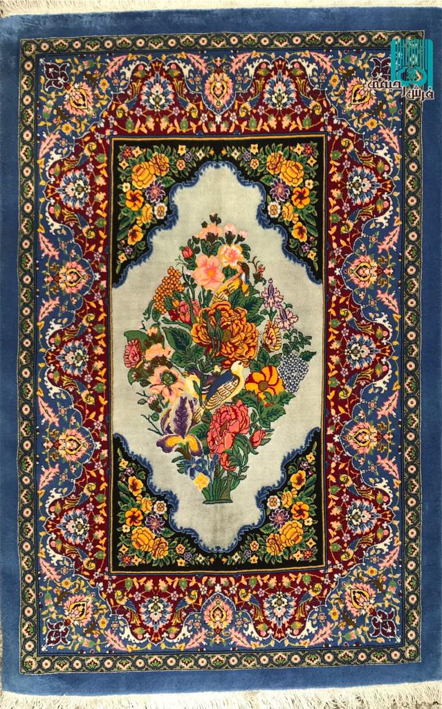 ذرع چارک قم طرح گل و مرغ چله ابریشم کف ابریشم