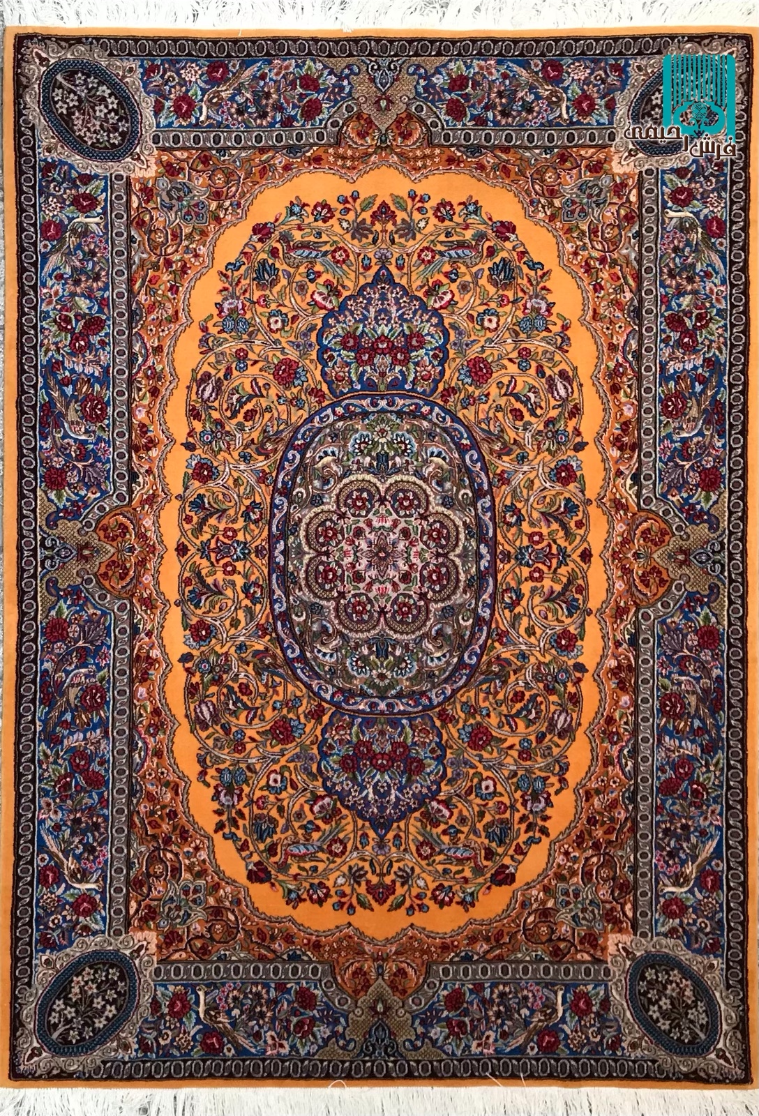 قالیچه کرمان اعلاء طرح ترنجی گل و‌مرغ