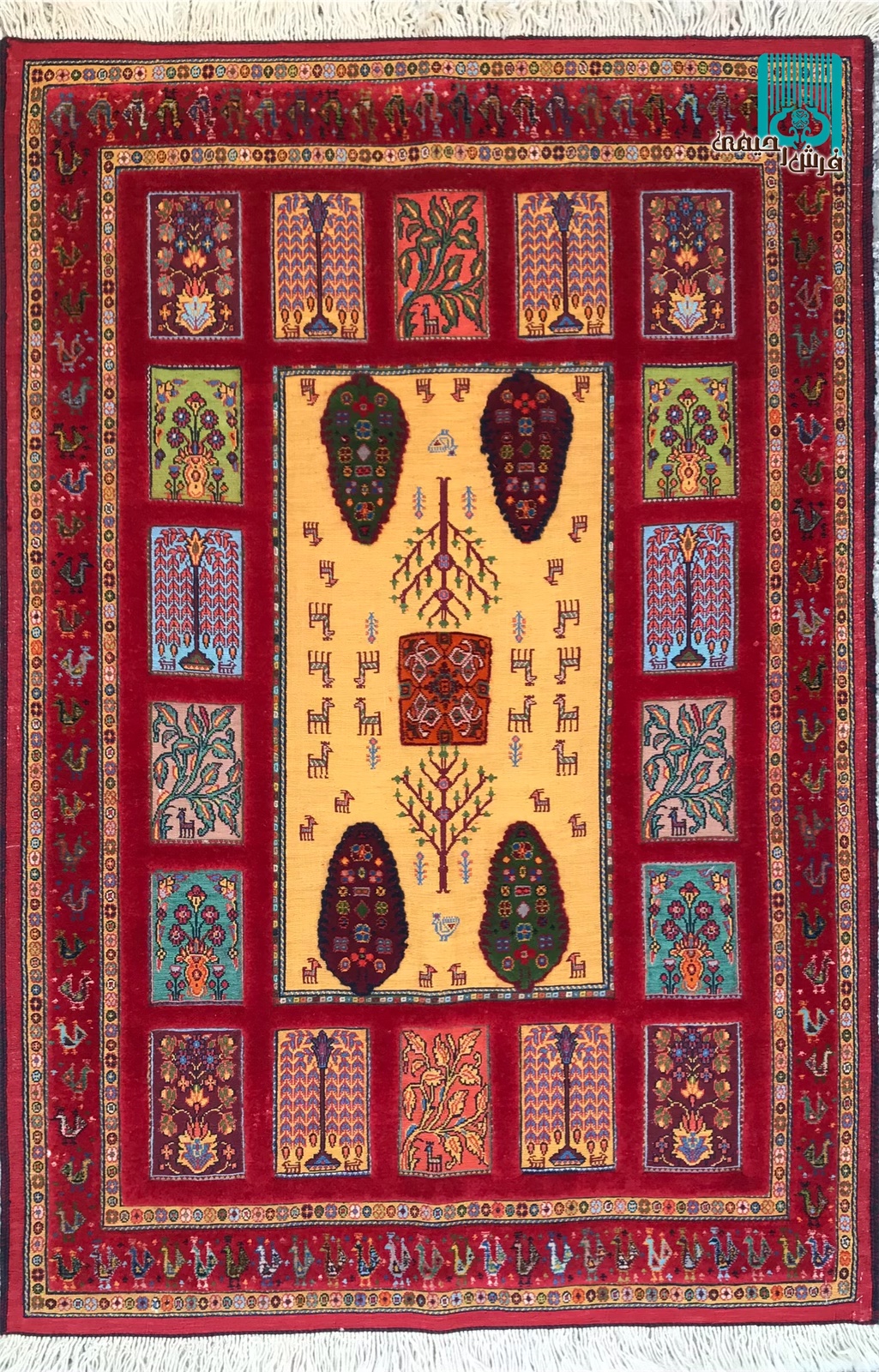 ذرع و نیم گلیم فرش سیرجان طرح چهارسرو حاشیه خشتی